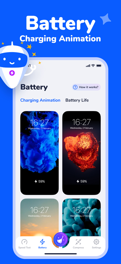 Interfaz de la aplicación Smart Cleaner que muestra varias opciones estéticas de animación de carga de batería para la personalización del iPhone