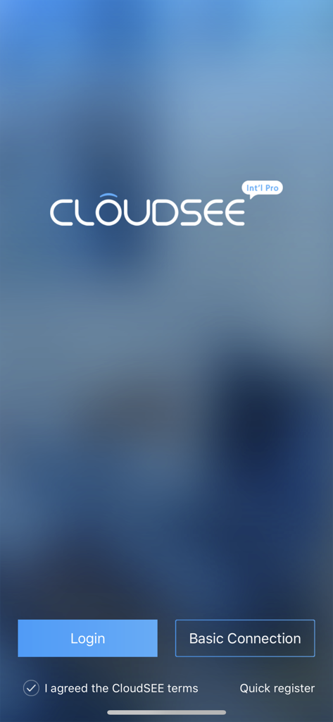 CloudSEE Int'l Pro - Login screen for the CloudSEE Intl Pro surveillance app with login and basic connection buttons