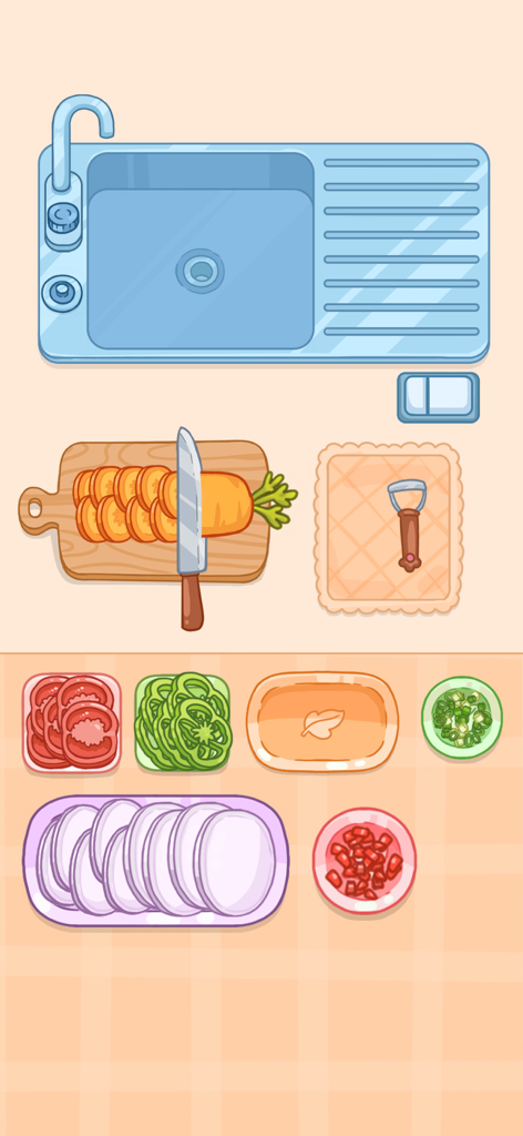 Satiszone: Perfect ASMR Tidy - A satisfying kitchen organization puzzle with sliced carrots and neatly arranged vegetable bowls