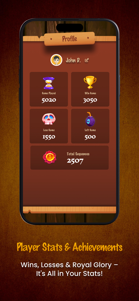 La pantalla del perfil del jugador en Sequence Royale que muestra estadísticas de juegos jugados, victorias, derrotas y secuencias totales.