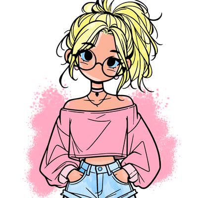 girl with a messy ponytail glasses a baggy crop top and jean shorts