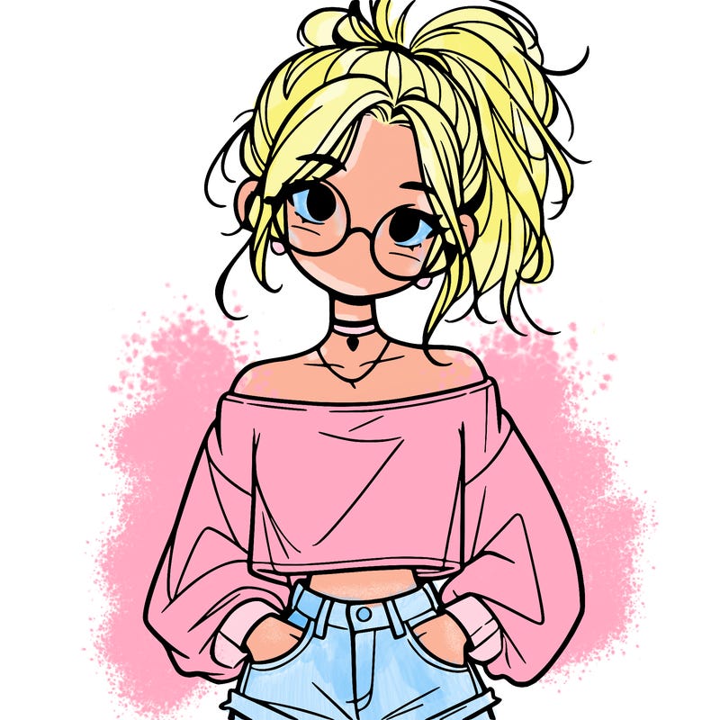girl with a messy ponytail glasses a baggy crop top and jean shorts