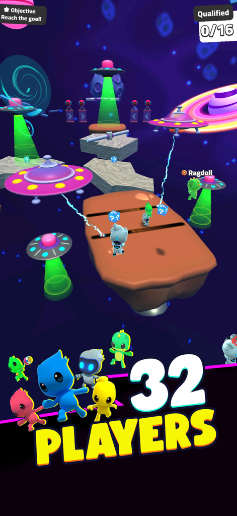 Gameplay multijogador de nível espacial em Rumble Rush mostrando personagens correndo por um percurso de obstáculos com OVNIs e 32 jogadores