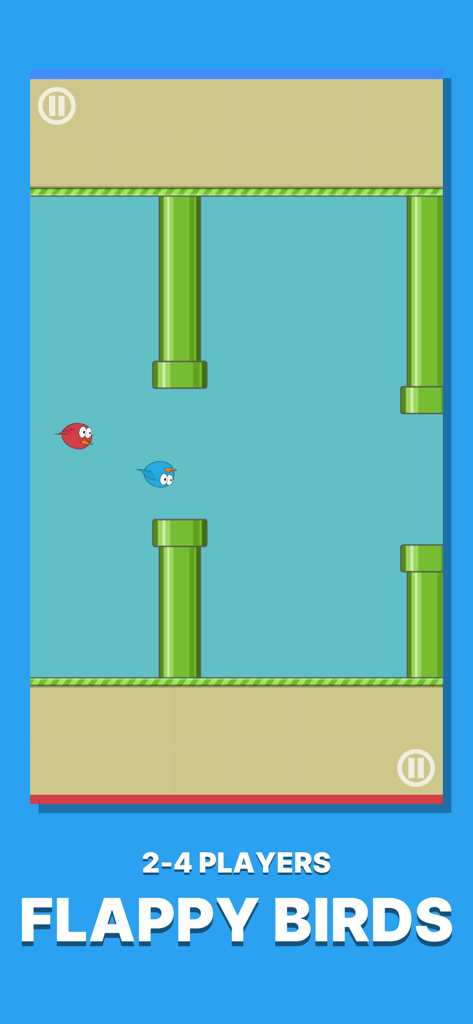 Captura de pantalla de un juego multijugador de Flappy Birds con dos pájaros navegando entre tuberías verdes en un dispositivo