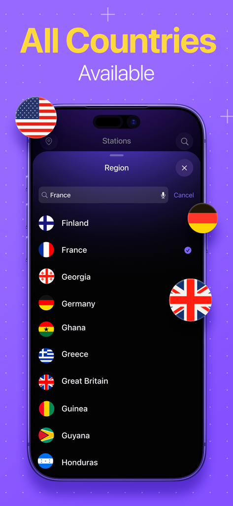 Radio: Live FM AM - Una lista de países disponibles en la aplicación Radio Live FM AM con banderas nacionales.