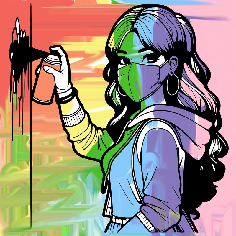 realistic girl with mask spray painting a wall