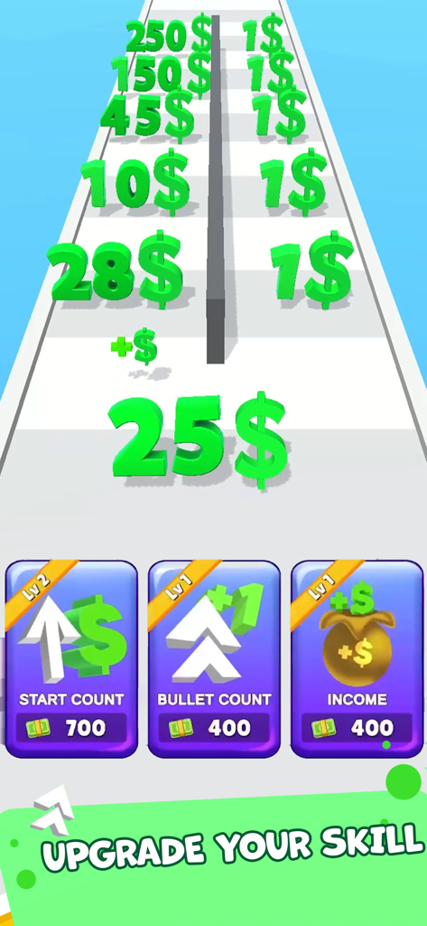 The upgrade screen in Digit Shooter showing options for start count bullet count and income