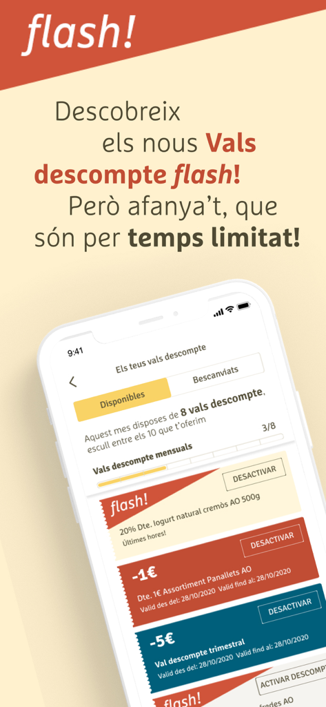 Ametller Origen mobile app interface showing a list of digital flash discount coupons for grocery products