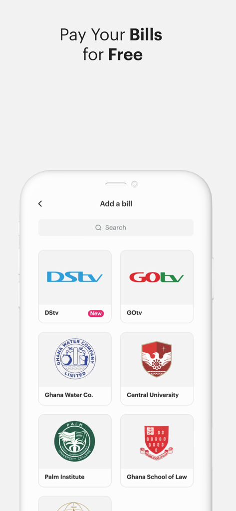 Chipper Cash - Interfaccia dell'app Chipper Cash che mostra opzioni di pagamento bollette per servizi africani come DStv e Ghana Water Company