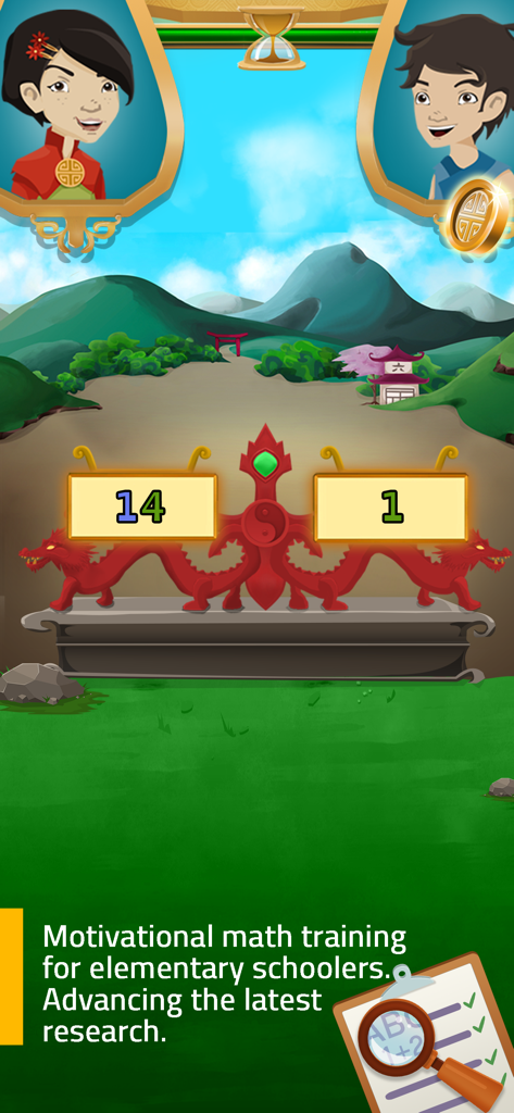 Bildschirm des Lernspiels Meister Cody Talasia für Kinder mit Charakteren und einer Zahlenvergleichsaufgabe in einer Landschaft.