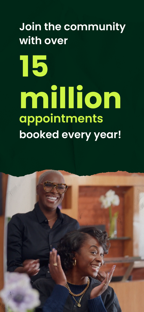 Tela do aplicativo StyleSeat mostrando 15 milhões de agendamentos anuais com um profissional e cliente felizes