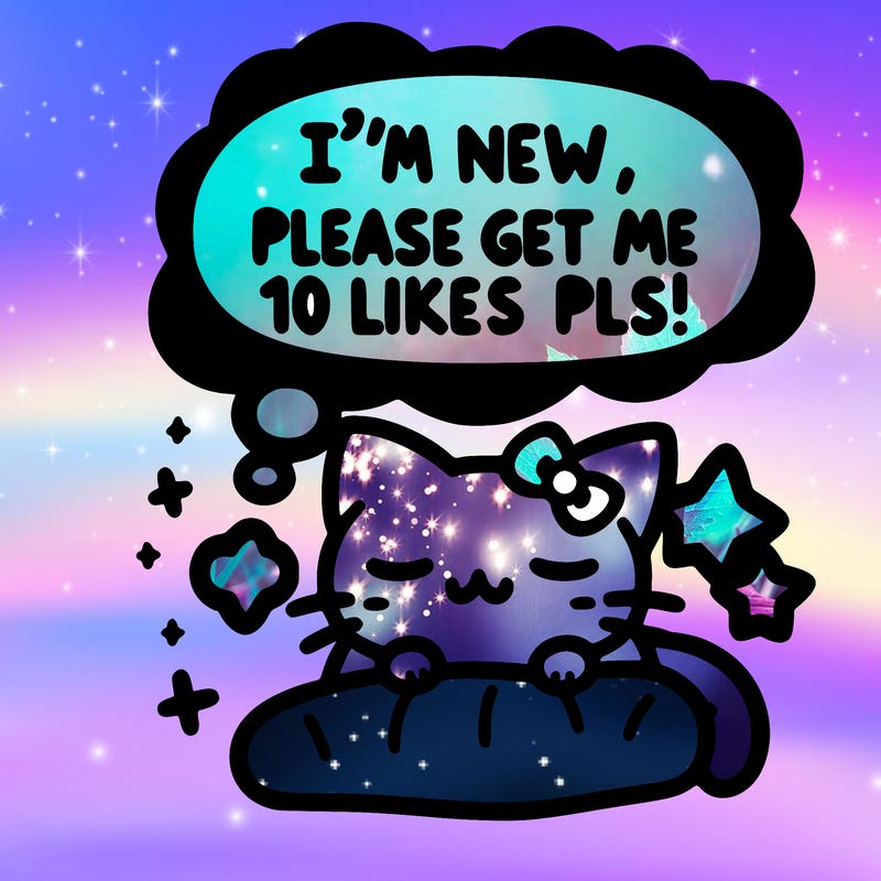 kitty taking a nap dream talking and saying "i'm new, please get me at least 10 likes pls!!"