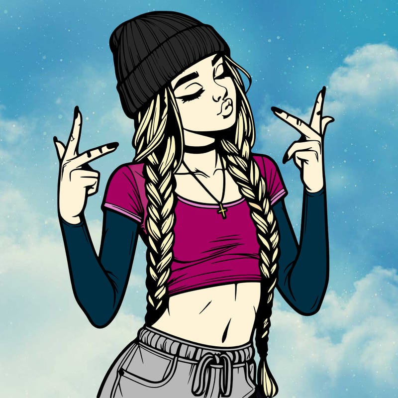 realistic teenage girl with braids and a beanie and crop top doing 🫶🏼
