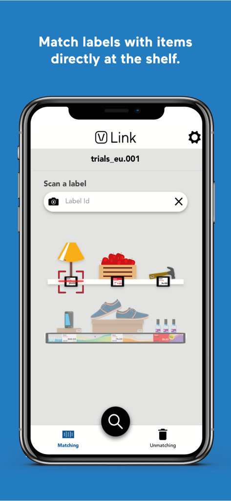 VUSION Link - Interfaz de la aplicación VUSION Link para emparejar etiquetas electrónicas de estante con productos en estantes minoristas