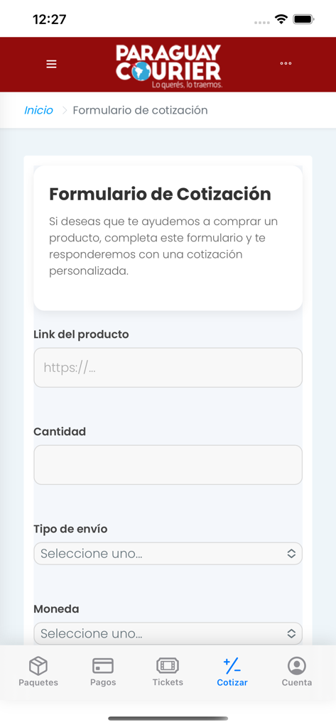 Paraguay Courier SRL - Screenshot of the Paraguay Courier mobile app showing a shipping quote request form with fields for product link and quantity.