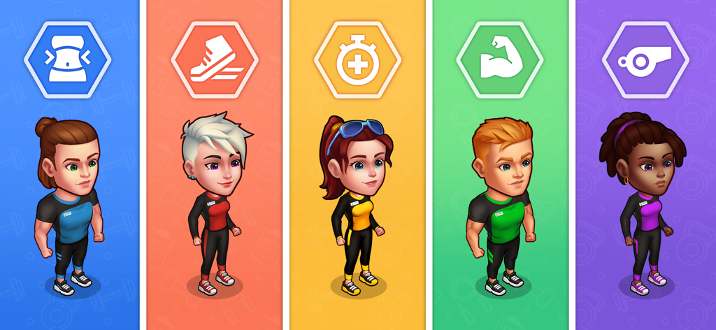 Happy Fitness: Gym Game - Happy Fitnessゲームで、専門アイコンを持つ5人のカートゥーンジムトレーナー
