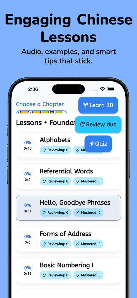 Learn Chinese: For Beginners - Interface of the Learn Chinese app showing a modular list of foundational lessons including alphabets, greetings, and numbering.