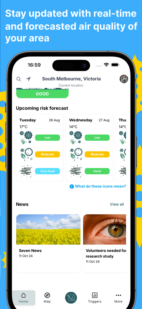Melbourne Pollen Count - Melbourne Pollen Count app home screen showing air quality and allergy risk forecasts for South Melbourne.