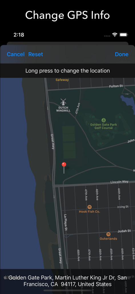 Interface of the EXIF Tool app showing a map screen to manually change or edit the GPS metadata of a photo