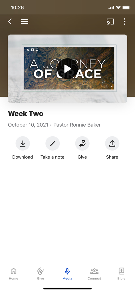 Audacity.Church - Audacity Church mobile app media screen featuring a sermon video titled A Journey of Grace with options to download and take notes.