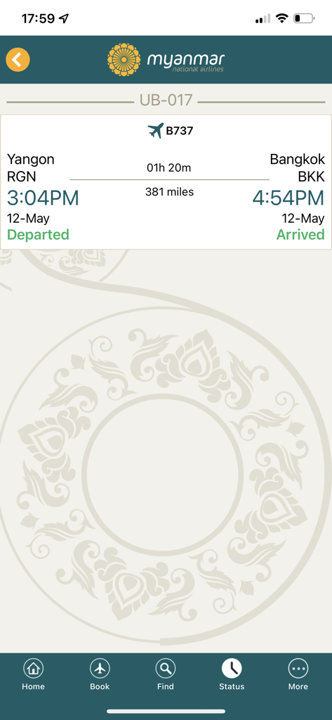 Myanmar National Airlines mobile app screen showing flight status from Yangon to Bangkok