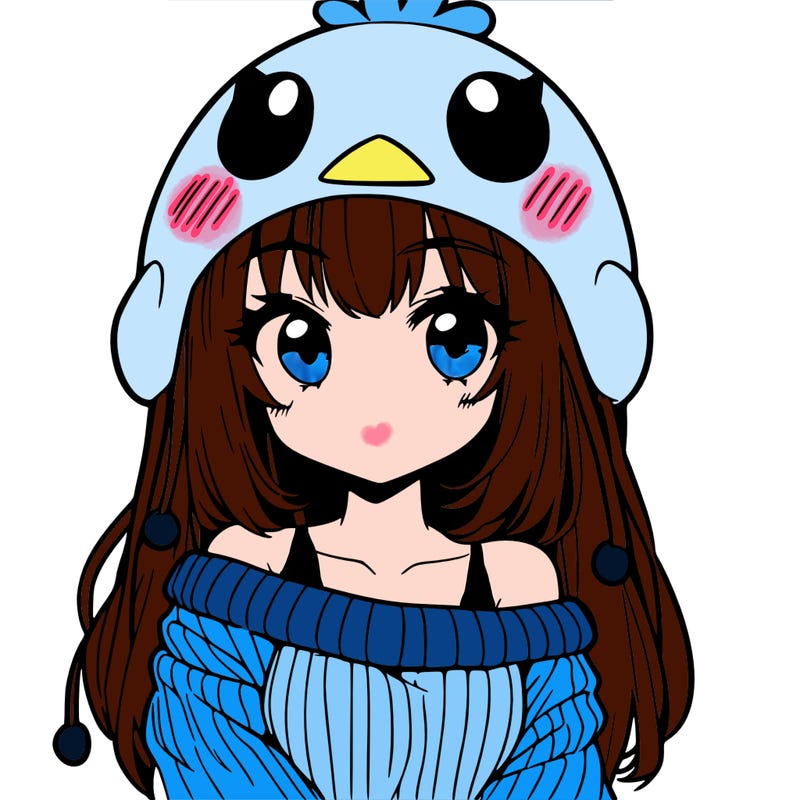 anime girl with chick shaped hat with sweater with bare shoulders with bangs covering them one eye with low tail