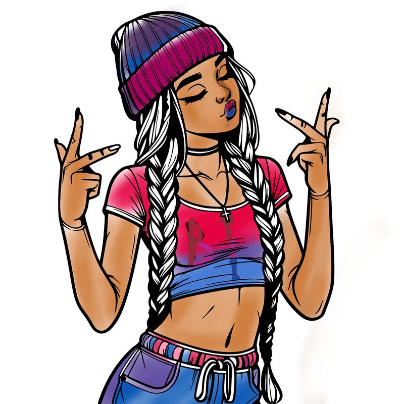 realistic teenage girl with braids and a beanie and crop top doing 🫶🏼