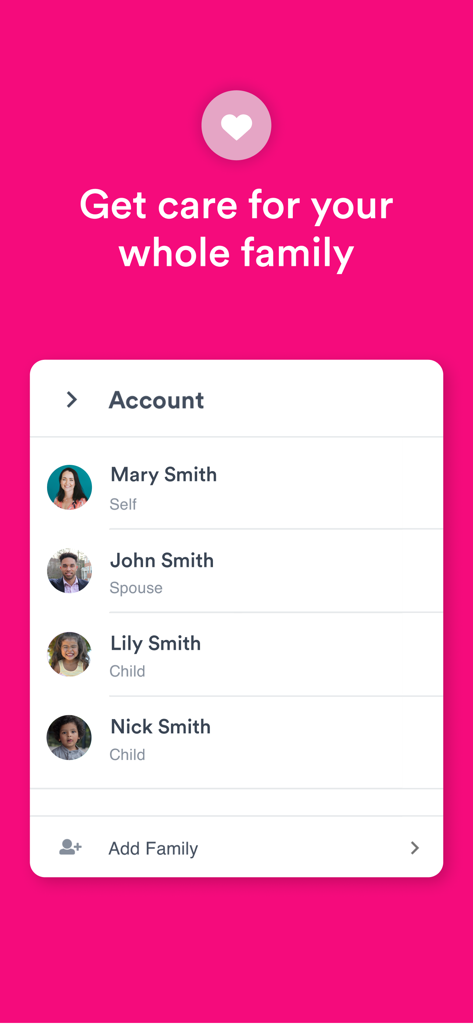 Solv app interface showing a family account with profiles for a spouse and children to manage same day healthcare appointments