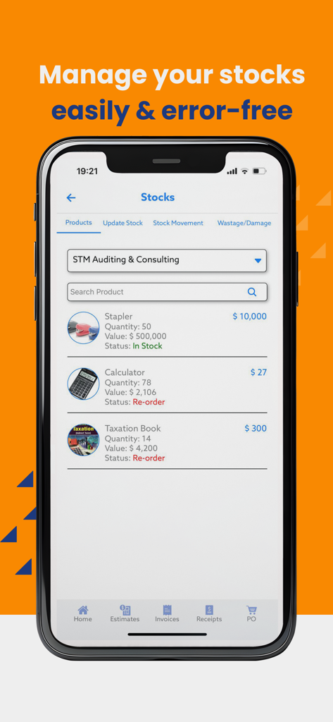 Simple Invoice Maker & Receipt - Interfaz móvil de la aplicación SIR mostrando seguimiento de inventario en tiempo real y gestión de stock para pequeñas empresas