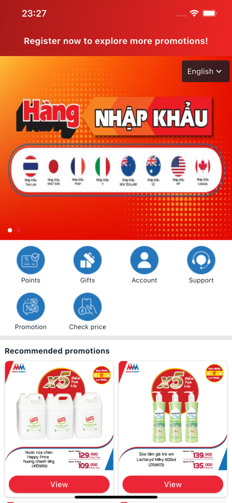 A tela inicial do aplicativo MCard mostrando banners promocionais para produtos importados, ícones de recompensa de fidelidade como pontos e presentes, e ofertas de produtos recomendados da MM Mega Market.