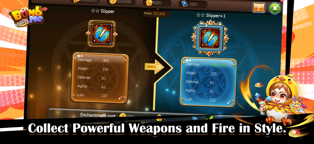 Bomb Me English - Weapon enchantment screen in Bomb Me English showing slipper weapon stats and a cute chibi character.