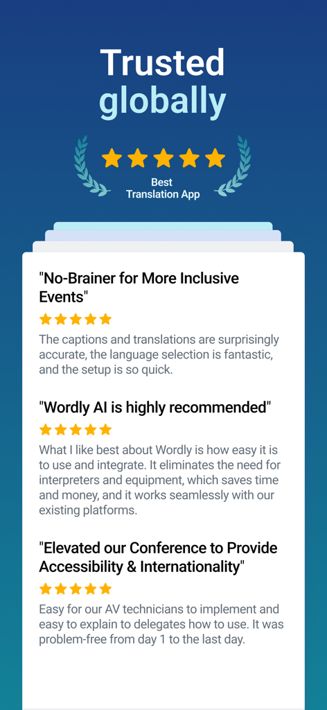 Wordly Translation - Reseñas de usuarios de la aplicación Wordly Translation y calificaciones de cinco estrellas para eventos inclusivos y accesibilidad