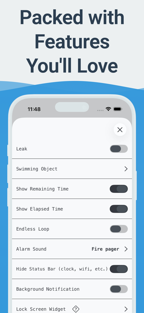 Countdown Timer Aqua Hourglass - A settings menu in the Countdown Timer Aqua Hourglass app showing various customization options like alarm sounds and display toggles.