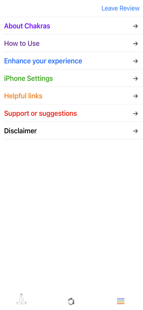 Una schermata del menu dall'app Chakra Chi che mostra opzioni per l'educazione sui chakra e le istruzioni dell'app.