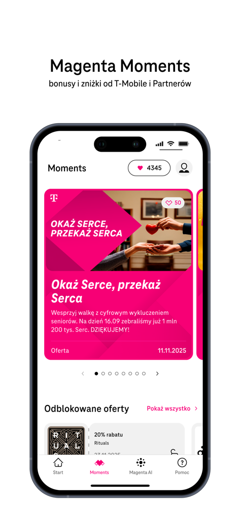 Mój T-Mobile app interface showing Magenta Moments loyalty program with special offers and charity initiatives
