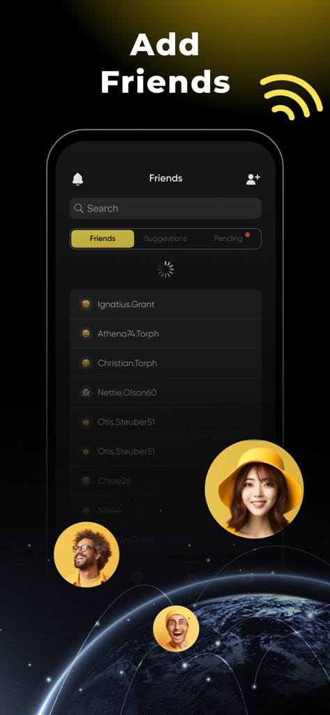 Interface of Walkie-Talkie app showing the Add Friends section with user list and profile icons
