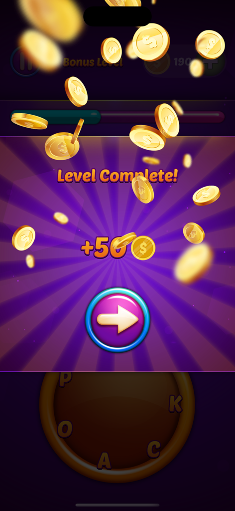 Level complete screen in Word Candy app showing 50 gold coins reward and a next level button.