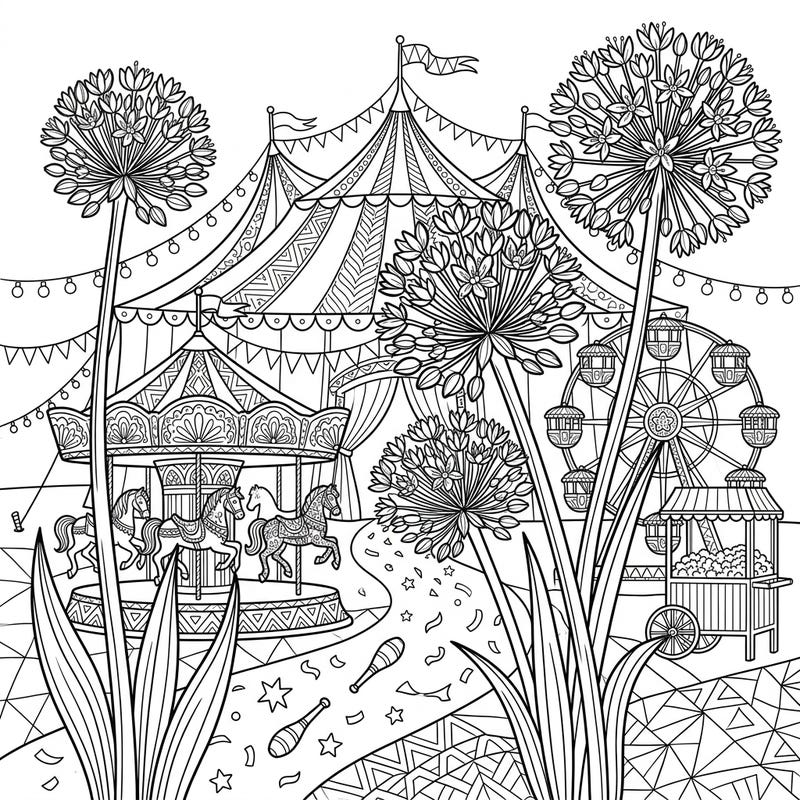 Immerse yourself in a vibrant world where delicate allium flowers meet the thrilling excitement of a carnival! This unique coloring page offers an imaginative fusion of natural beauty and festive fairground attractions, perfect for a relaxing artistic escape.