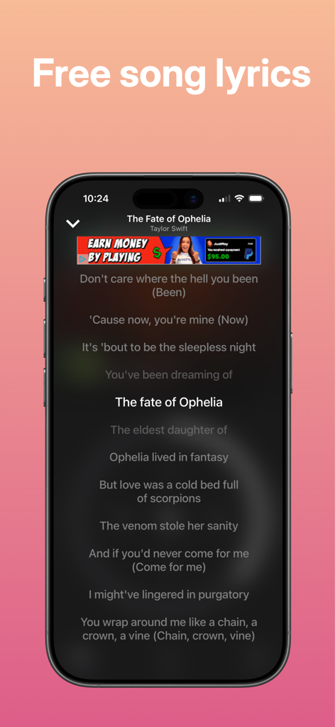 Écran de smartphone affichant les paroles de chansons gratuites sur l'application Trending Music Player