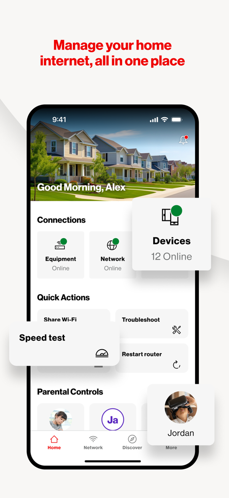 Painel do aplicativo Verizon Home mostrando o status da rede doméstica e dispositivos conectados