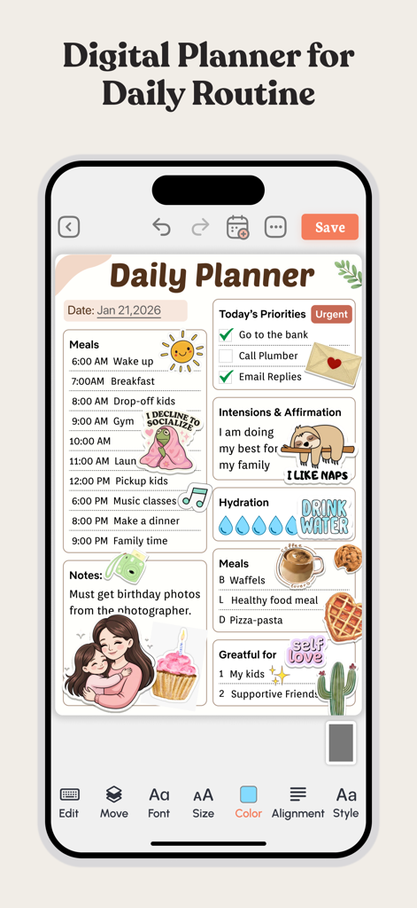 PlanWiz app interface showing an aesthetic digital daily planner with task lists stickers and hydration tracking