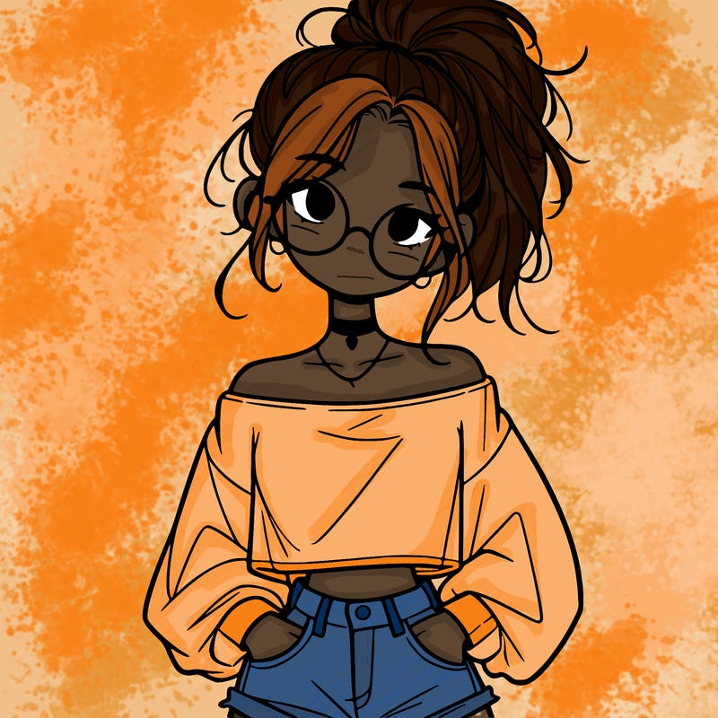 girl with a messy ponytail glasses a baggy crop top and jean shorts