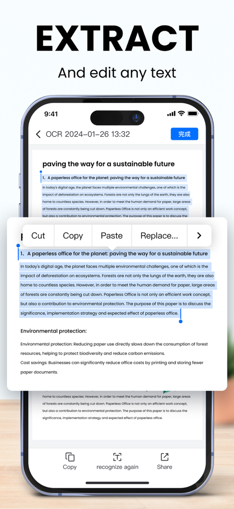 A smartphone screen showing the LightPDF Scanner app extracting and editing text from a scanned document using OCR technology.