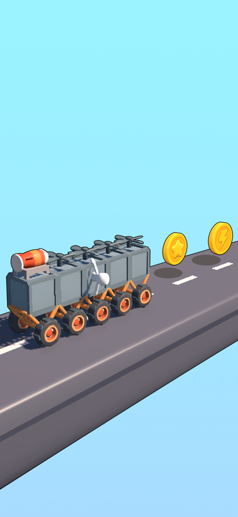 Car Maker: Trailblazer - A creative custom built multi wheeled vehicle driving on a track towards gold coins in the game Car Maker Trailblazer