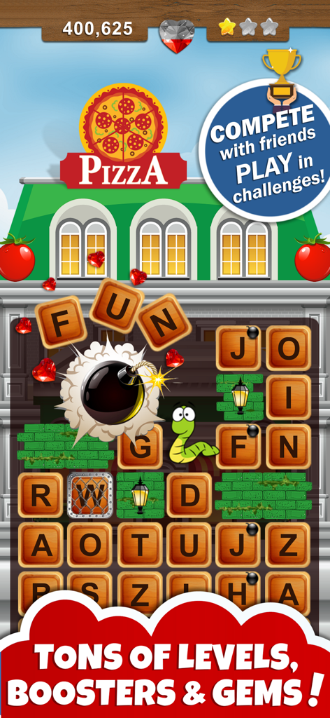Gameplay screenshot of Word Wow Big City showing a word puzzle board with a cute worm character and exploding boosters