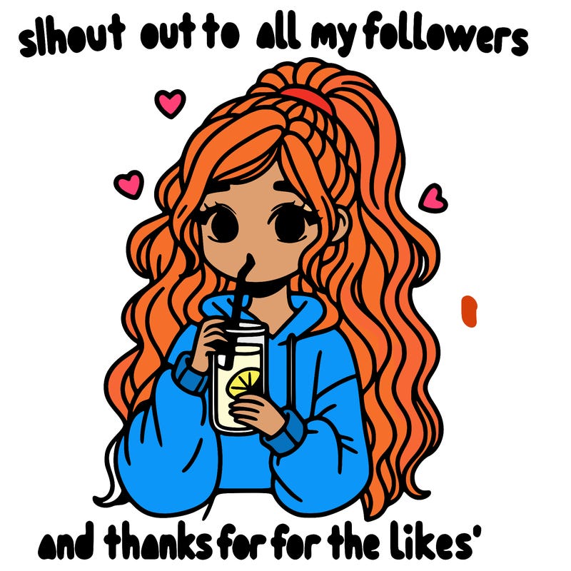 cute girl wearing a oversized hoodie drinking lemonade, long wavy high ponytail looking at a sign that says 'shout out to all my followers and thanks for the likes'