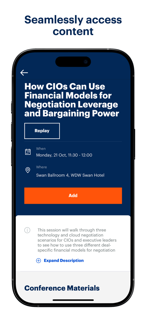 Gartner Conference Navigator - Gartner Conference Navigator mobile app showing session details and content access