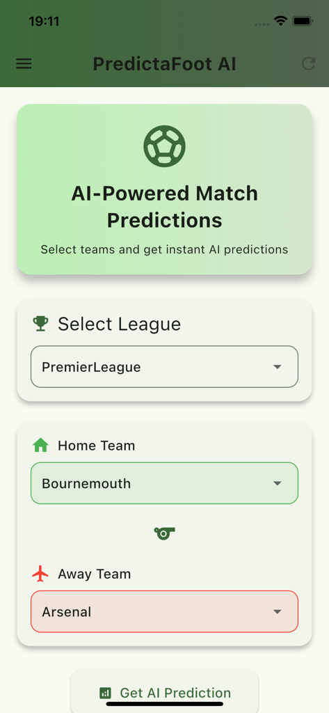 PredictaFootIA - PredictaFoot AI app interface for selecting football leagues and teams for match predictions