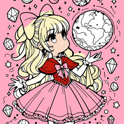 magical girl with floating orb in hand  crystals everywhere.