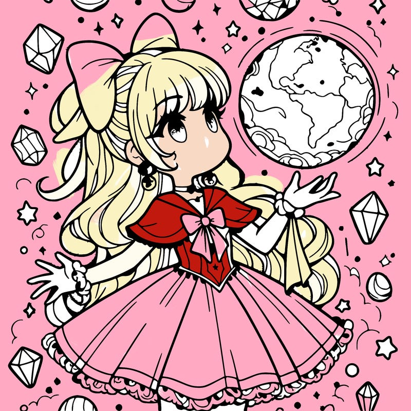 magical girl with floating orb in hand  crystals everywhere.
